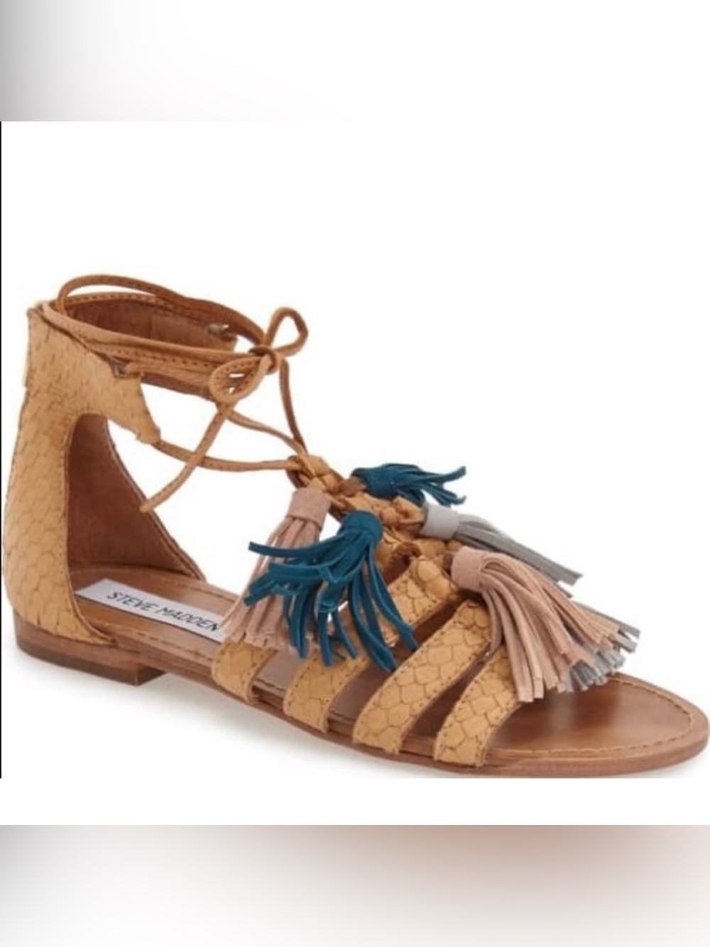 Steven Madden Monrowe Snakeskin Sandal Tassel Fringe Size 10